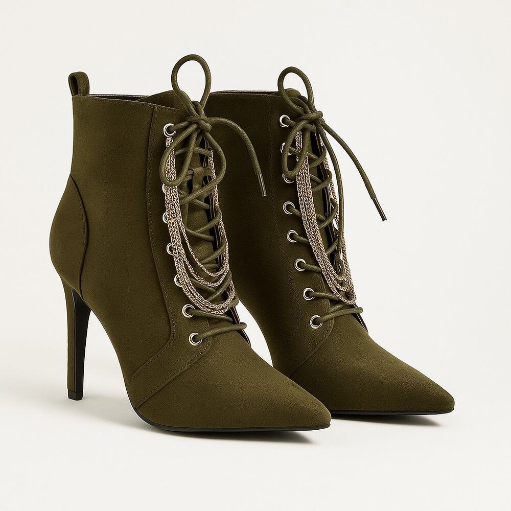 ShoeDazzle Green Suede lace up ankle Chain Size 9 women Stilettos pointed toe
